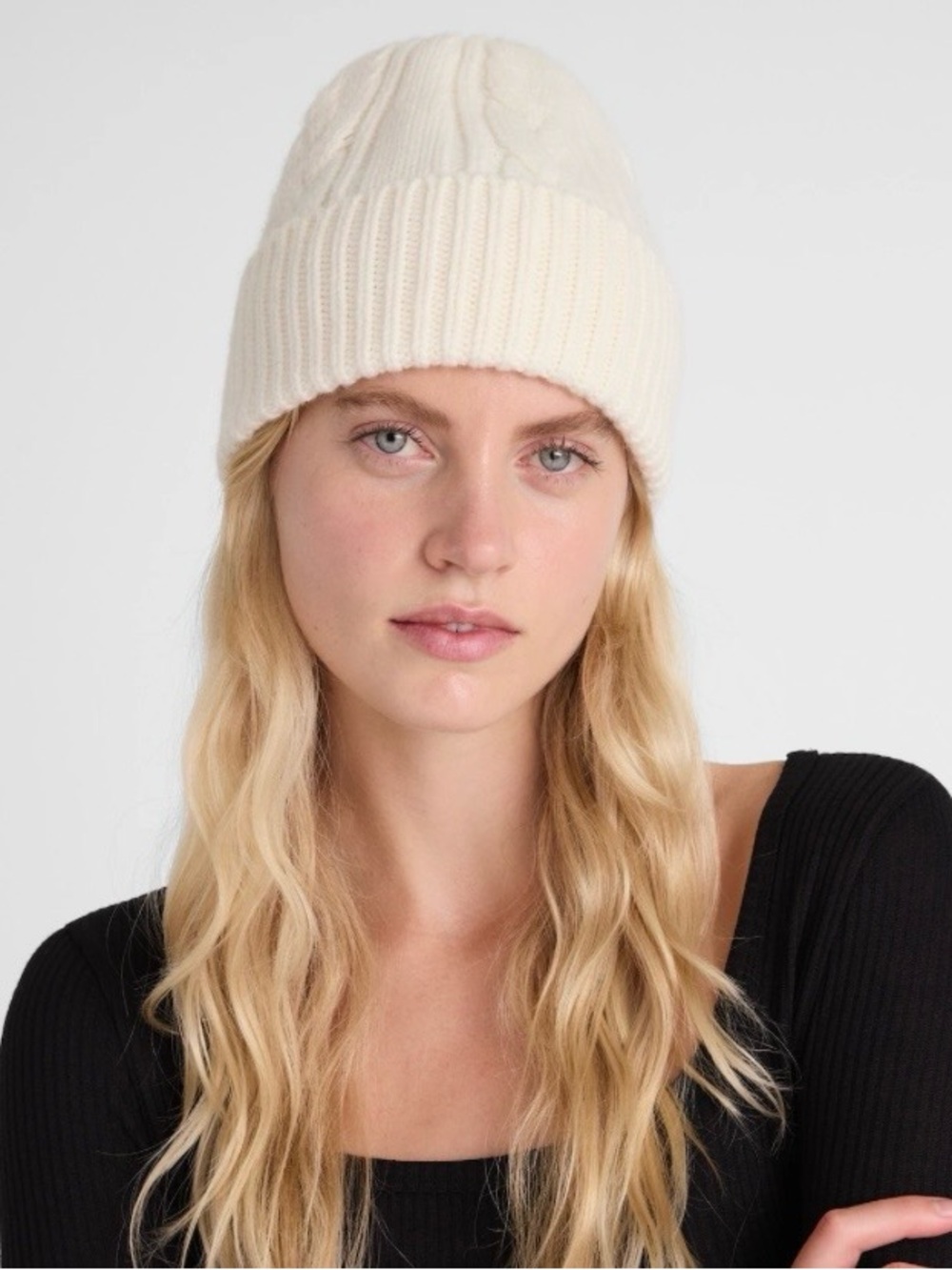 $68 NWT Madewell White Wool Cashmere Chunky Cable Ribbed Knit Beanie Hat